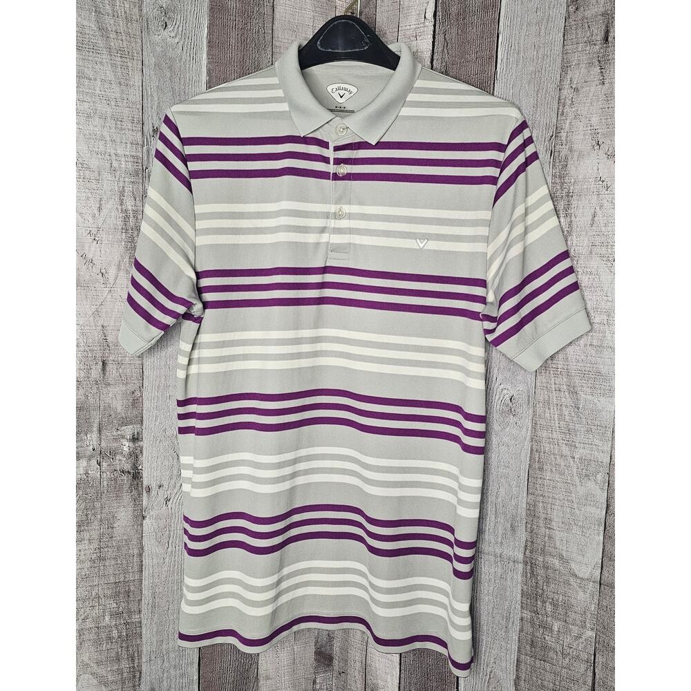 CALLAWAY Gray Burgundy Stripe Golf Short Sleeve Polo SHIRT Men's size Medium
